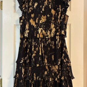 All Saints Antheia Tiered Pleated Black and Gold Layered Mini Dress NWOT